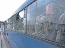 A Soldier from the 114th Transportation Company, Minnesota Army National Guard, waits to depart the permanent forward operating site Sept. 5 at Mihail Kogalniceanu Air Base, Romania, to redeploy home to the United States.