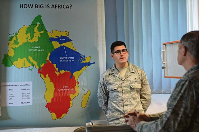 Capt. Eddy Cervantes, Joint Patient Movement operations officer, briefs leadership on mission capabilities and standards May 8 on Ramstein. The Movement Requirement Center in Europe is one of four patient requirement centers in the Air Force.