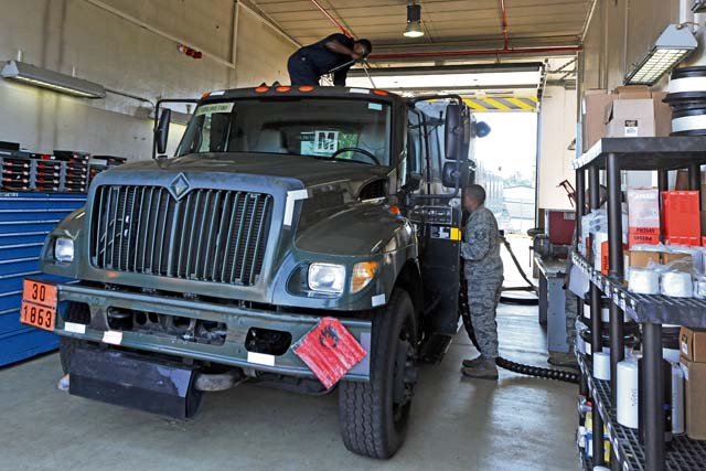 Staff Sgt. Aaron Jenkins, 86th Logistics Readiness Squadron fuels preventative maintenance technician, and Senior Airman David Grandison, 86th Vehicle Readiness Squadron refueling maintenance technician, perform a joint-tool inspection on a refueling unit-hose reel. Vehicle maintenance and fuels management work closely in the maintenance and overall care of the $2.7 million refueling fleet.