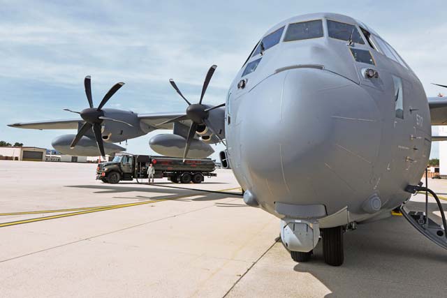 Senior Airman Michael Walters, 86th Logistics Readiness Squadron fuels mobile distribution operator, fuels a C-130 Hercules Aug. 15 on Ramstein.