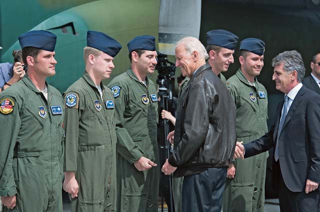 U.S. Vice President Joe Biden meets members of the 37th Airlift Squadron and 86th Aircraft Maintenance Squadron. Members of Team Ramstein visited Romania to take part in Carpathian Spring 2014, a training exercise that helps both countries maintain training proficiencies.