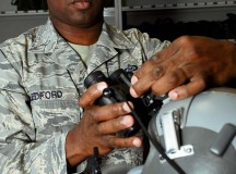Tech. Sgt. Timothy Ledford, 86th Operations Support Squadron aircrew flight equipment craftsman, attaches night-vision goggles to a helmet Wednesday on Ramstein. Ledford was honored with the aircrew flight equipment NCO of the year award for his accomplishments.