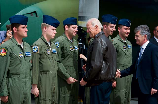 Photo by Senior Airman Damon KasbergVice President Joe Biden meets members of the 37th Airlift Squadron and 86th Aircraft Maintenance Squadron May 20, 2014, in Bucharest, Romania.