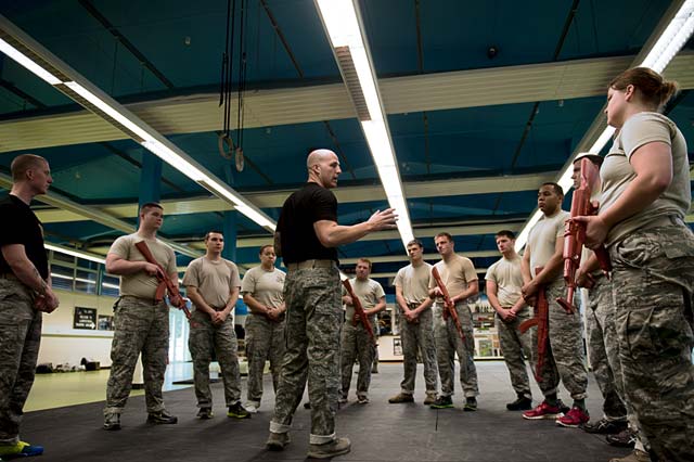 Staff Sgt. Mark M. Karas, 435th Security Forces Squadron fly-away security team instructor, talks to students in the F.A.S.T. course Oct. 9 on Pulaski Barracks. Karas stressed the importance of muscle memory and training the way you fight. 
