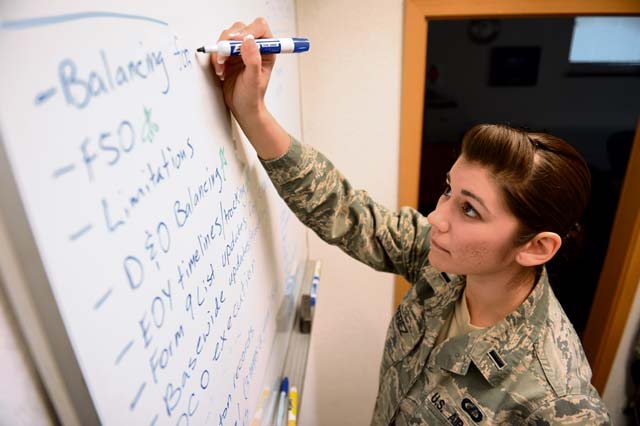 First Lt. Adrianna Perez, 86th Comptroller Squadron deputy budget officer, prepares the day’s itinerary Nov. 12 on Ramstein. Perez ensures squadrons spend within the guidelines of the Air Force Instruction and maintain financial accountability within the wing. 