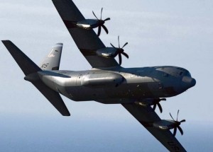 A U.S. Air Force C-130J Super Hercules makes a pass over Larissa Drop Zone in Greece during Stolen Cerberus.