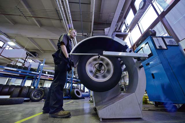 Airman 1st Class Austin Conway, 86th Vehicle Readiness Squadron general purpose light vehicle mechanic, checks a tire’s pressure Jan. 14 on Ramstein. The 86th VRS is responsible for servicing more than 1,000 vehicles on and off base.