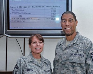 Chief Master Sgt. Lori Martin, 920th Aeromedical Staging Squadron health service manager, and Senior Master Sgt. Anthony James, 920th ASTS superintendent of operations and programs, stand in front of the Contingency Aeromedical Staging Facility statistic display, July 25 on Ramstein. Reservists from the 920th ASTS have provided support at the CASF since the ribbon cutting ceremony in 2003.