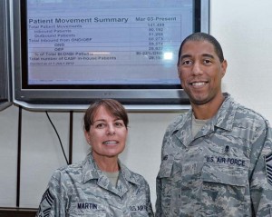 Chief Master Sgt. Lori Martin, 920th Aeromedical Staging Squadron health service manager, and Senior Master Sgt. Anthony James, 920th ASTS superintendent of operations and programs, stand in front of the Contingency Aeromedical Staging Facility statistic display, July 25 on  Ramstein. Reservists from the 920th ASTS have provided support at the CASF since the ribbon cutting ceremony in 2003.