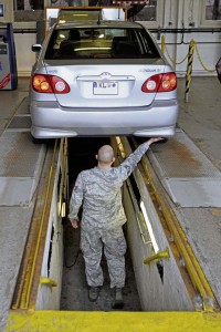 Staff Sgt. Simon Heffinger, 86th Vehicle Readiness Squadron vehicle maintenance journeyman, begins a vehicle undercarriage inspection. The vehicle will be rejected if there is evidence of an excessive leak or an ongoing slow leak of oil, antifreeze or saturation of the underbody of the vehicle.