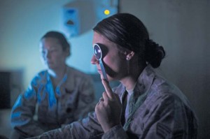 Senior Airman Danielle Marsh, 86th Aerospace Medical Squadron public health technician, tests her eyes during an optometry demonstration. Ramstein’s optometry clinic is the largest in U.S. Air Forces in Europe and Air Forces Africa with doctors who specialize in multiple services. The doctors perform anything from routine eye exams to diagnosing and treating diseases.