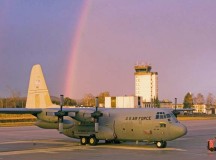 Photo by Master Sgt. John E. LaskyA rainbow appears over a C-130 Hercules and the air traffic control tower at Ramstein Air Base March 27, 2006. The air transport aircraft belongs to the 187th Airlift Squadron of the Wyoming Air National Guard in Cheyenne.