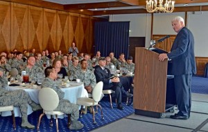 Photo by 2nd Lt. Clay LancasterRetired Air Force Lt. Col. Paul Needham talks about his time in captivity during a luncheon Sept. 18 on Ramstein. Needham was invited to tell his story of being held captive for 444 days by Iranian terrorists.