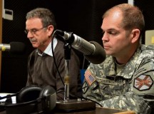 Lt. Col. Lars Zetterstrom (right), U.S. Army Garrison Kaiserslautern commander, and Paul Lindemer, a public works employee, talk on American Forces Network radio. On Wednesday, Zetterstrom will hold a “Commander’s Corner” — a hybrid radio and Internet-based event.