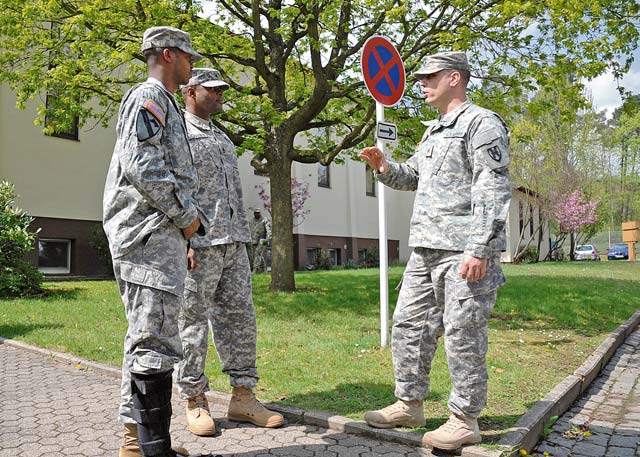 Soldiers with the 21st Theater Sustainment Command discuss their experiences in logistical operations while taking a break during the 21st TSC’s logistical professional military education gathering May 2 on Daenner Kaserne. Logisticians from the 21st TSC’s area of responsibility attended the PME in order to enhance their leadership skills, develop professionally, share ideas, and discuss the future of sustainment and logistical operations.