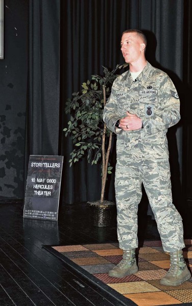 Staff Sgt. Daniel Scarola, 435th Security Forces Squadron unit deployment manager, shares his story at the storytellers event May 10 on Ramstein. Scarola spoke about dealing with deployments and losing friends and family. The storytellers event gave Airmen the opportunity to come together and share their stories