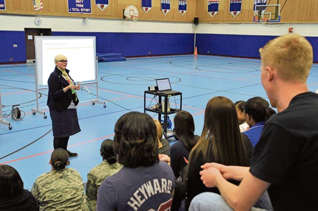 Heather Imrie, director of program development for a civilian-run production team, teaches Ramstein High School students about sexual  assault and prevention May 10 on Ramstein. The training focused on explaining common misconceptions about sexual assault, harassment and bystander intervention.