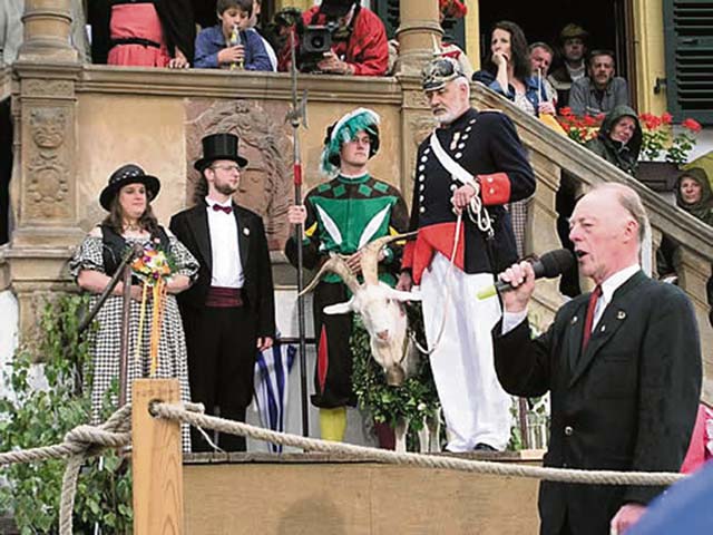 Courtesy photo The most recently married couple brings a billy-goat from Lambrecht to the traditional auction between 5:45 and 6 p.m. Tuesday in Deidesheim.