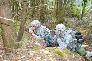 At Rhine Ordnance Barracks, Soldiers from the 10th Army Air and Missile Defense Command man an observation post May 15, during their Best Warrior Competition. The three-day competition featured 20 events that measured basic Soldier skills, physical stamina and rifle marksmanship.