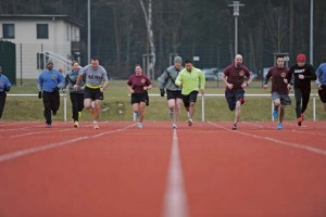 Participants compete during the 1,500-meter run of the European Regional Warrior Games time trials Feb. 12 on Rhine Ordnance Barracks.
