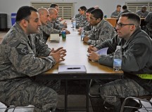 Airmen converse during a speed mentoring forum Feb. 4 at the Ramstein Northside Chapel Annex.
