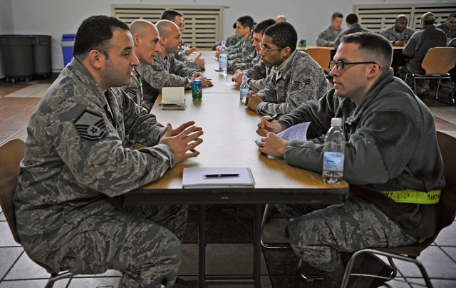 Airmen converse during a speed mentoring forum Feb. 4 at the Ramstein Northside Chapel Annex. 