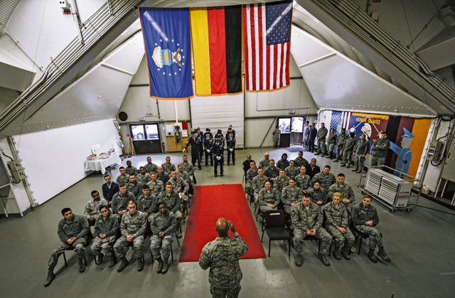 Col. Troy Dunn, 86th Mission Support Group commander, speaks during a base honor guard graduation ceremony Jan. 30 on Ramstein. The graduating honor guardsmen completed a week-long training class that taught them drill and ceremony procedures.