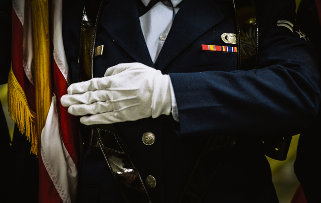 A member of the base honor guard holds the U.S. flag during a presentation of the colors and the playing of the national anthem Jan. 30 on Ramstein. The base honor guard supports many functions, official ceremonies and funeral requests.