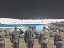 U.S. Air Force leaders salute as Air Force One departs after a refueling Jan. 27 on Ramstein. The president made a brief stop at Ramstein for refueling before heading back to the states.