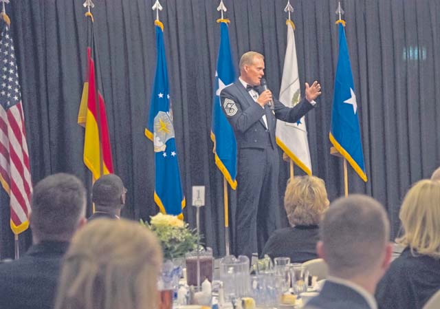 Photo by Senior Airman Damon KasbergChief Master Sgt. of the Air Force James A. Cody speaks with the audience during a chief recognition ceremony Jan. 30 on Ramstein. In his speech, Cody congratulated the newly selected chief master sergeants on their career accomplishments.