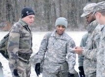 French army 2nd Lt. Vivien Mole, a cadet at the French Combined Armed School, determines his pace count prior to conducting a land navigation course Jan. 28 on Rhine Ordnance Barracks.