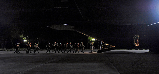 Greek paratroopers board a C-130J Super Hercules assigned to the 37th Airlift Squadron Feb. 4 during Stolen Cerberus II, a flying training deployment in Elefsis, Greece. The FTD is designed to improve the interoperability of the U.S. and Greek air forces. The training ends Saturday. 