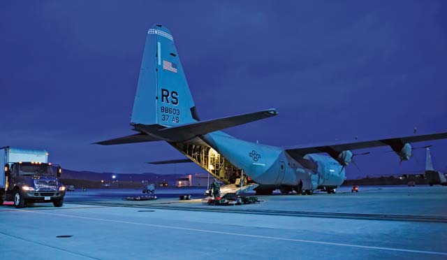A C-130J Super Hercules is prepared by aeromedical evacuation crew members Feb. 6 for a training sortie on Ramstein. The crew reconfigures the aircraft for aeromedical evacuations in less than one hour to ensure take-off times are met.