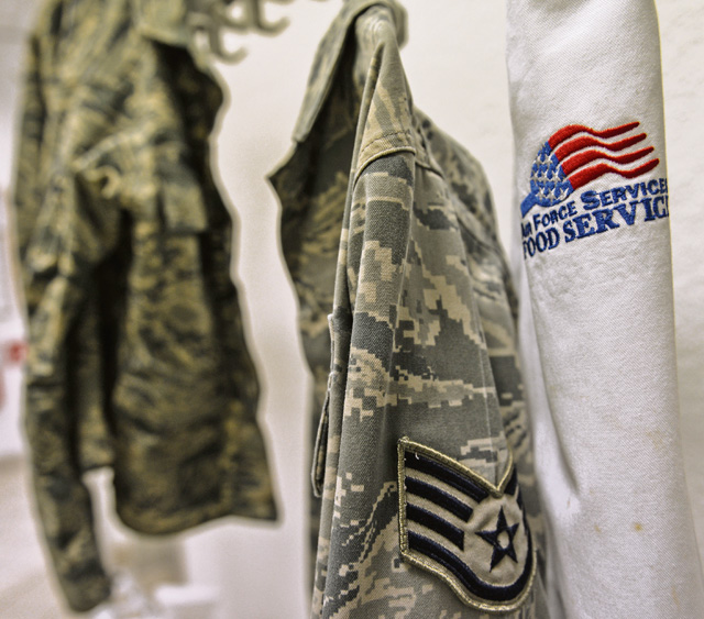 An apron hangs next to an Airman Battle Uniform at the Rheinland Inn Dining Facility Feb. 4 on Ramstein. The DFAC food service team provides healthy options to help ensure Airmen meet Air Force fitness standards.