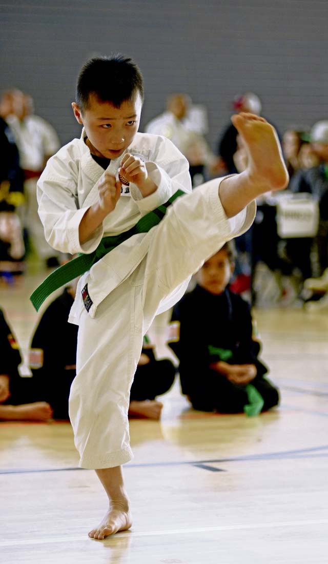 Jet Hazen executes a kick during the martial arts  tournament.   The event was divided into two main categories: forms and sparring.