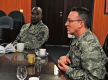 Brig. Gen. Patrick Mordente, 86th Airlift Wing commander, briefs Chief Master Sgt. Kaleth Wright, 3rd Air Force command chief, March 2 on Ramstein. Mordente and Wright discussed Ramstein’s mission and the capabilities of the Airmen during Wright’s immersion tour. During his visit, Wright toured many facilities, in addition to a C-130J Super Hercules modified for in-flight 
surgeries.