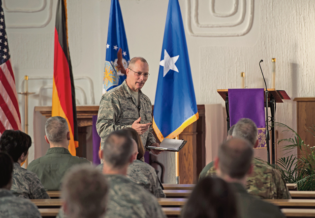 Photo by Senior Airman Damon KasbergChaplain (Col.) Dwayne R. Peoples, U.S. Air Forces in Europe command chaplain, speaks during the National Prayer Service March 18 at Ramstein. Peoples focused his message on the importance of spiritual maintenance and how it impacts Airmen.