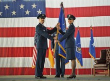 Lt. Gen. Darryl Roberson, 3rd Air Force and 17th Expeditionary Air Force commander, passes the 435th Air Ground Operations Wing’s and 
435th Air Expeditionary Wing’s guidon to Col. Andra Kniep during an assumption of command ceremony March 16 on Ramstein. Kniep has 
served on 13 assignments in her Air Force career and most recently served as the 23rd Fighter Wing vice commander at Moody Air Force Base, Georgia.