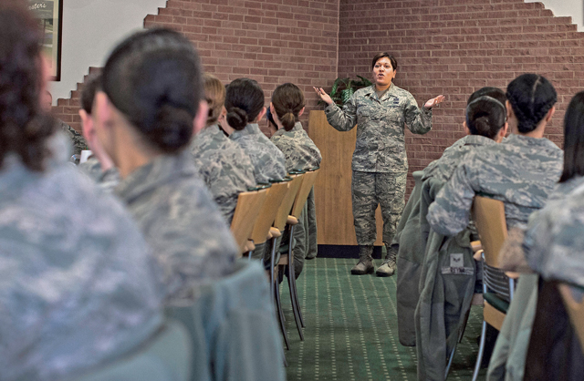 Senior Master Sgt. Leenette Joseph, 86th Airlift Wing Equal Opportunity deputy director, speaks to an audience of female military members during a seminar hosted by the ‘Let’s Connect’ group as part of Women’s History Month March 10 at Ramstein. The forum was designed to confront issues unique to women balancing a military career and a personal life at home. Attendees had the opportunity to hear from women in leadership roles throughout the KMC and ask them questions. 