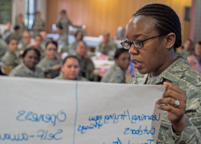 Senior Airman Jillian McCourt, 86th Logistics Readiness Squadron materiel management, shares her group’s personality traits during the seminar.