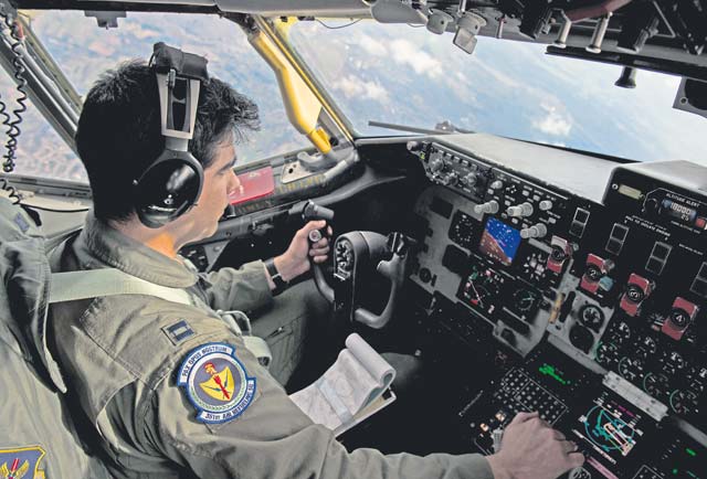 Capt. Paul Anguita, 100th Air Refueling Wing pilot, flies a KC-135 Stratotanker. Aircrew and a KC-135 from Royal Air Force Mildenhall, England, spent multiple days at Ramstein performing refueling missions for A-10 Thunderbolt IIs. Pilots also took part in aircraft commander upgrade training, helping them progress to the next level of their career.