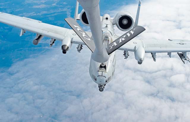 A KC-135 Stratotanker from the 100th Air Refueling Wing refuels a 354th Expeditionary Fighter Squadron A-10 Thunderbolt II March 26 above Ramstein. The A-10s deployed as part of a theater security package in support of Operation Atlantic Resolve. The TSP deployments are possible with the strategic access provided by infrastructure, support and relationships with local communities at U.S. and host nation installations. Service members from Ramstein, Spangdahlem Air Base, and Royal Air Force Mildenhall, England, were all involved in the aerial refueling training. Aircrew from Mildenhall stayed multiple days at Ramstein to operate from the Air Force’s premier power projection platform, giving the A-10s deployed to Spangdahlem quick access to aerial refueling capabilities.
