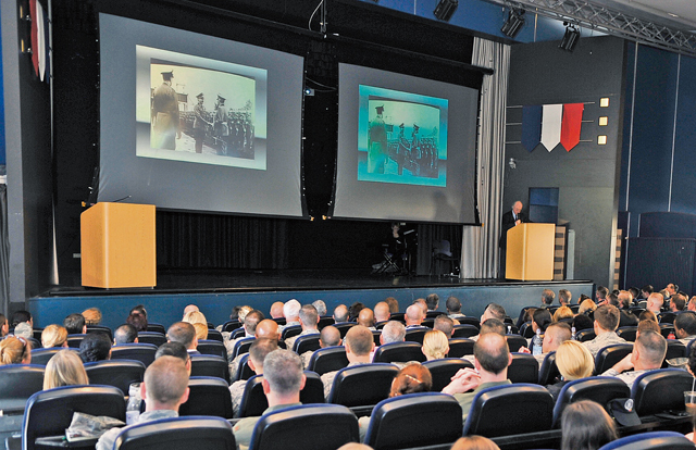Friedrich Wilhelm von Hase, son of German army Lt. Gen. Paul von Hase, speaks to members of the KMC during a Holocaust Remembrance Day ceremony April 15 on Ramstein. Von Hase spoke about his father’s life, death and the effect Operation Valkyrie, an attempt to assassinate Adolf Hitler, had on him and his family.