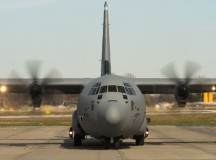 A C-130J Super Hercules assigned to the 37th Airlift Squadron, picks up Polish air force paratroopers at Krakow, Poland. Pilots from the 37th Airlift Squadron trained alongside their Polish counterparts in a nighttime low level, unimproved landing zone, dropping Polish air force paratroopers and more.