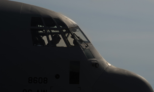 First Lt. Kenneth Hertzler, 37th Airlift Squadron pilot, prepares a C-130J Super Hercules for takeoff April 9 at Powidz Air Base, Poland.