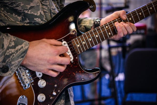 Staff Sgt. Dustin Trimble, U.S. Air Forces in Europe Band Touch ‘n Go guitarist, rehearses  March 27 on Ramstein.