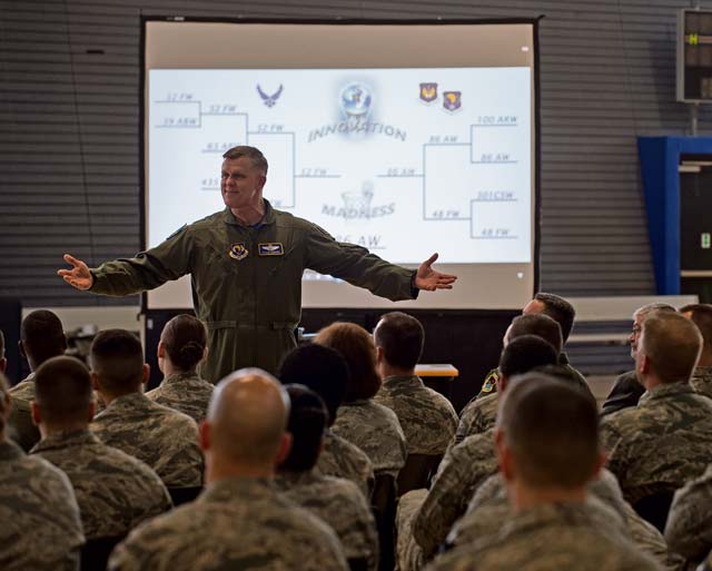 Gen. Frank Gorenc, U.S. Air Forces in Europe and Air Forces Africa commander, congratulates 86th Airlift Wing Airmen for winning the inaugural Innovation Madness tournament May 1 on Ramstein.