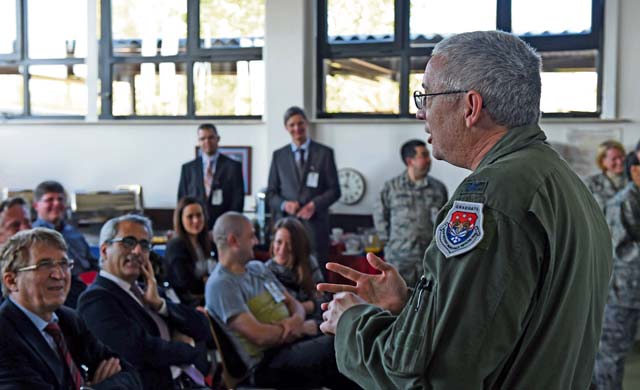 Col. Brian Agee, 86th Aerospace Medicine Squadron commander, briefs civilian health care providers from all over Germany on the 86th AMDS' mission during a visit April 23 on Ramstein.