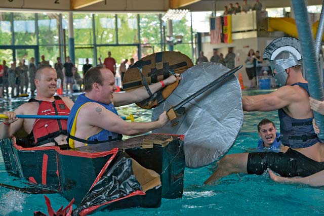 Two groups of participants try to sink each other. After the boats were tested for speed, they were tested for endurance as the remaining boats were pitted against each other.