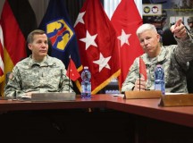 Photo by Sgt. 1st Class Matthew Chlosta
Chief of the Army Reserve Lt. Gen. Jeffrey Talley (left), listens to 7th Civil Support Command Commanding General Brig. Gen. Arlan M. Deblieck during a meeting with the unit's senior leadership at 7th CSC headquarters June 2.